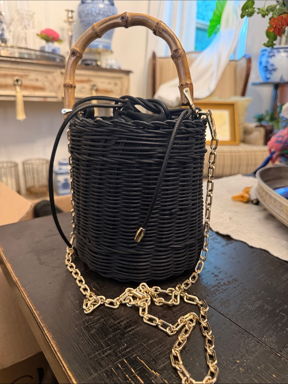 ZARA Woven Bucket Bag with Bamboo Handle and Gold Chain